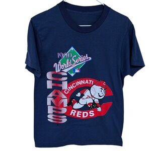 Womens Vintage Cincinnati Reds 1990 World Series Champs T Shirt Navy Blue Medium